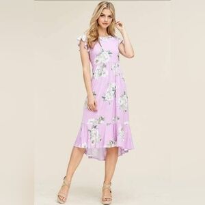 REBORN J Pink Floral Mid Babydoll Ruffle Dress